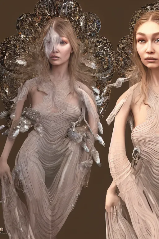 Image similar to a highly detailed medium shot 8 k render portrait of an alien goddess gigi hadid in iris van herpen dress schiaparelli in diamonds and jewelry in style of alphonse mucha trending on artstation made in unreal engine 4