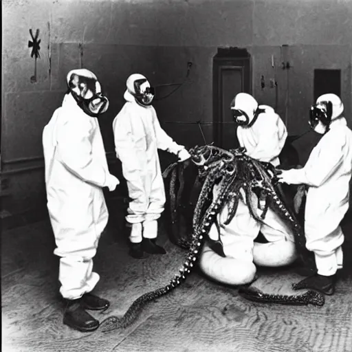 Image similar to old black and white photo, 1 9 1 3, depicting scientists in hazmat suits dissecting an alien biomechanical octopus, historical record