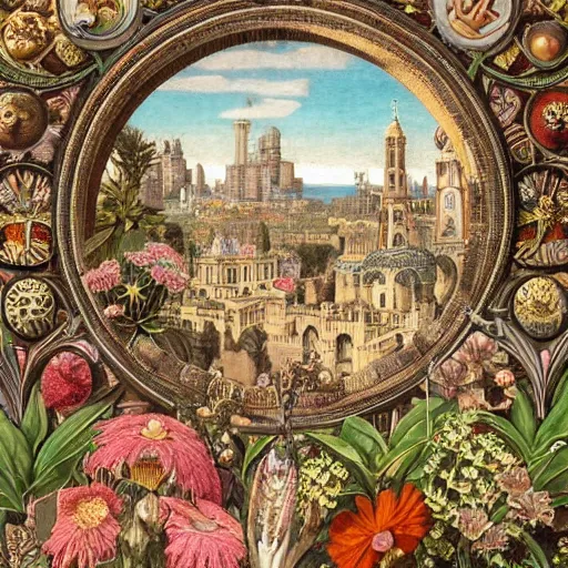 Image similar to hyperrealistic detailed painting of medieval city, with flowers, beetles, bacteria, fish skeletons, fungi, scales, golden filigree, art by ernst haeckel, john william godward, hammershøi, alphons mucha, pontormo, ornamental, decorative, art nouveau pattern, deep pastel colors,