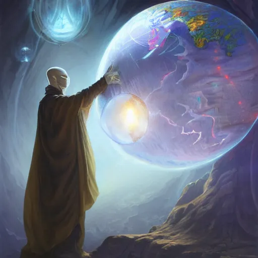 Prompt: creator of worlds wearing a cloak, masked, and holding a holographic planet projection in his hand, detailed, sci - fi, digital painting, artstation, sharp focus, illustration, ominous, artgerm, tomasz alen kopera, peter mohrbacher, donato giancola, joseph christian leyendecker, wlop, frank frazetta