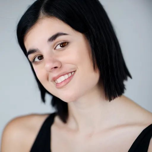 Image similar to young woman with shoulder - length messy black hair, slightly smiling, 1 3 5 mm nikon portrait