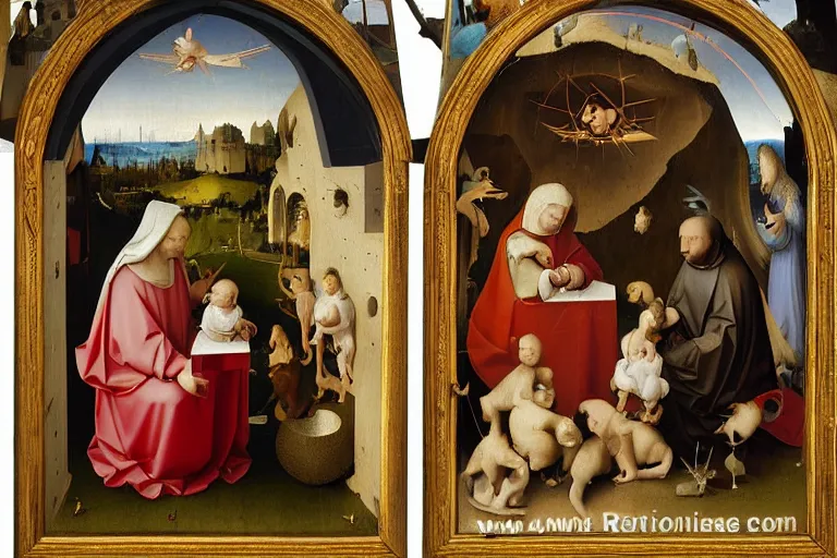 Prompt: a three panels altarpiece with nativity of pepe by Beeple and Hieronymus Bosch, renaissance style, oil painting,