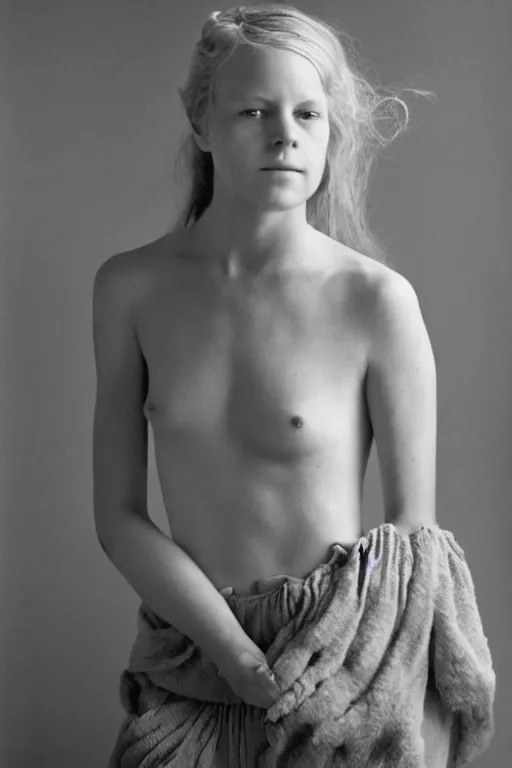 Image similar to a young nordic lady, photo portrait by Annie Leibovitz,