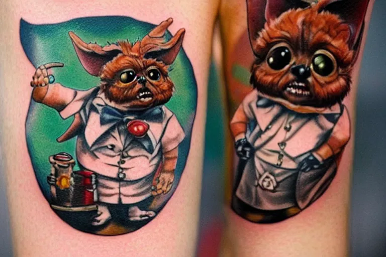 Image similar to a cute hyper realistic tattoo of gizmo from the movie gremlins wearing a wedding suit and looking happy in the style of sailor jerry. new school tattoo, tattoo, dslr