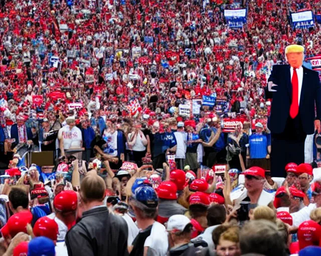 Prompt: Donald Trump with 10,100 adoring Supporters .