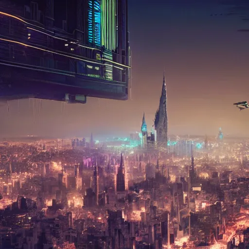 Prompt: fictional city, gothic architecture, cyberpunk, nighttime moonlight, decadent, aerial view, matte painting