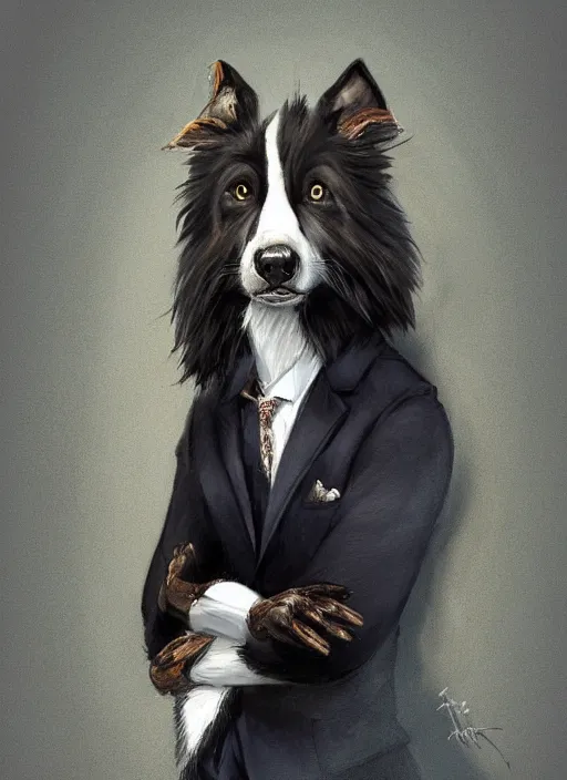 Image similar to wide angle beautiful full body portrait of a strong male anthropomorphic anthro border collie fursona in a suit sitting in a parlor room, character design by charlie bowater, henry asencio, and ross tran, disney, detailed, sharp focus, matte, aesthetic, trending on artstation, furaffinity, deviantart