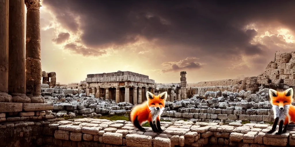 Image similar to a adorable small fox in the huge ruins of the second temple in jerusalem in the distance. the third temple hovers quietly hiding in the dreamy clouds above. a hooded bearded old man in a brown tunic laughing, colorful 8 k, art station, intricate superb details, digital art, illusion painting hidden temple.