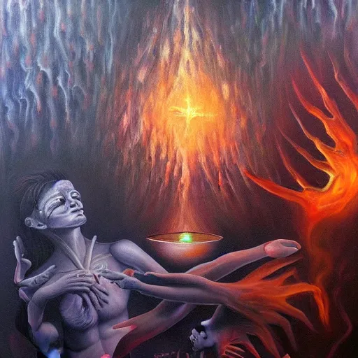 Image similar to brining healing to the underworld astral realm death journey in oil painting, trending on artstation, award winning, emotional, highly detailed dark surrealist art