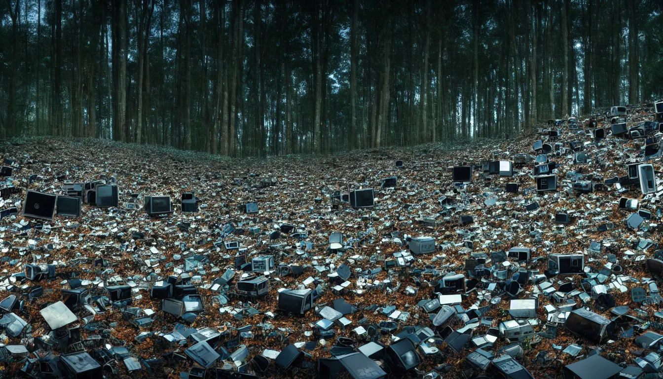 Image similar to decaying Luxury housing emerging form a forest landscape, piles of crt monitors littering the landscape, volumetric light , full colour ,4k