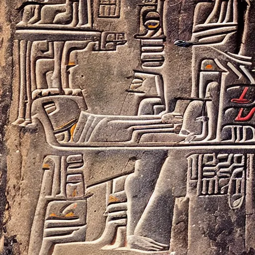 Prompt: an ancient hieroglyphic depiction go karts racing