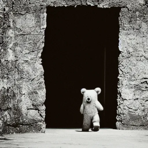 Image similar to dark photograph of a small bear character with a spotlight focused on him walking through a large wooden doorway