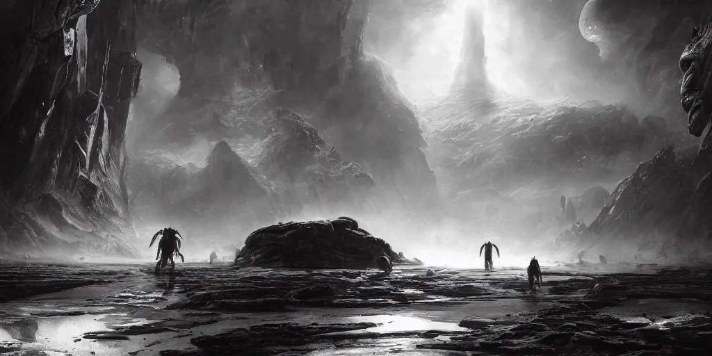 Prompt: black and white graphci thumbnails of alien concuring on a planet with high tech fantasy / magical machinery, cinematic composition, a fantasy digital painting by greg rutkowski and james gurney, trending on artstation, highly detailed, hyperrealistic, realistic, photorealistic, dynamic lighting, highly detailed, cinematic landscape, studio landscape, studio lighting