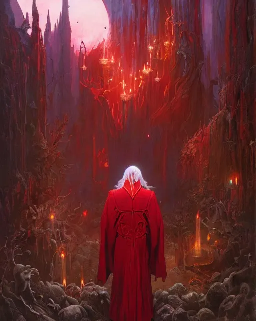 Image similar to a fantasy painting with a wizard in red robes in the foreground of a surreal environment by greg rutkowski and michael whelan