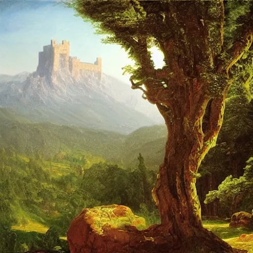 Image similar to A castle built upon a mountaintop, overlooking a large magical tree in the meadow, by Thomas Cole and Albert Bierstadt