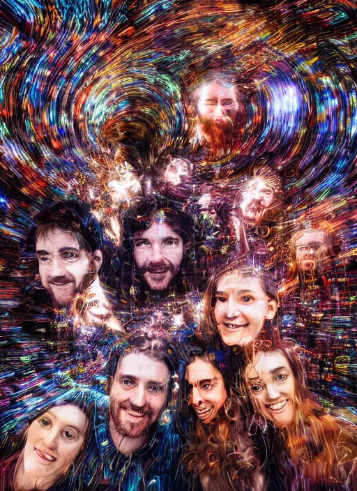 Image similar to group portraits, groups of happy humans creating detailed flow of beautiful digital images, text morphing into beautiful digital objects, highly detailed, super realistic, perfect lighting pixel sorting, style sheet