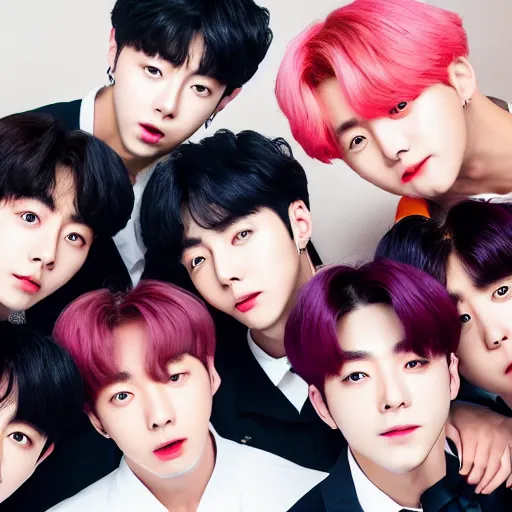 Image similar to group selfie of BTS korea portrait, rm, jin, SUGA, J-Hope, jimin, v, jungkook, 85mm pentax, f/1.3