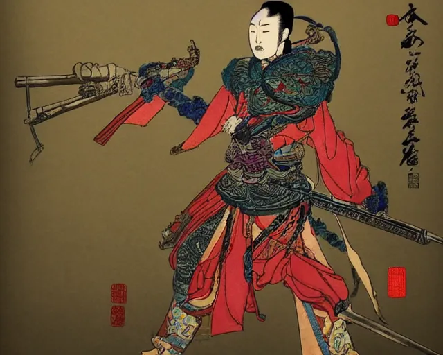 Image similar to an ancient chinese general holding a long weapon ， colourful colour schemean ancient chinese general, by katsushika hokusai, pete mohrbacher, yoji shinkawa + gothic illustration + trending on artstation + intricate details - h 1 0 2 4