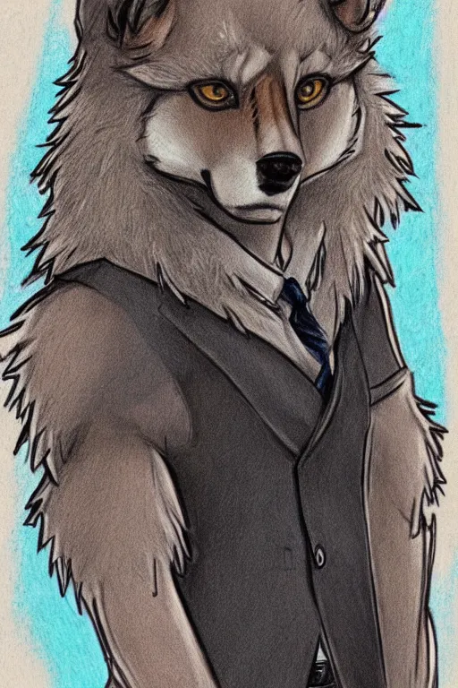 Image similar to master furry artist colored pencil drawing full body portrait character study of the anthro male anthropomorphic wolf fursona animal person detective new york city street