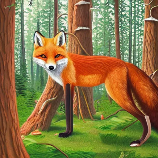 Image similar to a red fox and a ginger teen girl at dark forest where trees are huge, ultra realistic by ori toor and escher