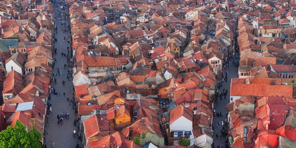 Prompt: Aerial perspective of a fantasy town winding narrow streets a multicolored marketplace full of people, red brick rooves and smoke from chimneys