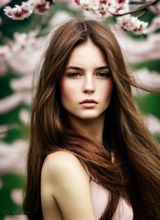 Prompt: a gorgeous female with long brown hair, photo by oliver valsecchi, realistic, perfect face, half body shot, wide angle, sharp focus, 8 k high definition, insanely detailed, intricate, elegant, art by stefan kostic, cherry blossoms