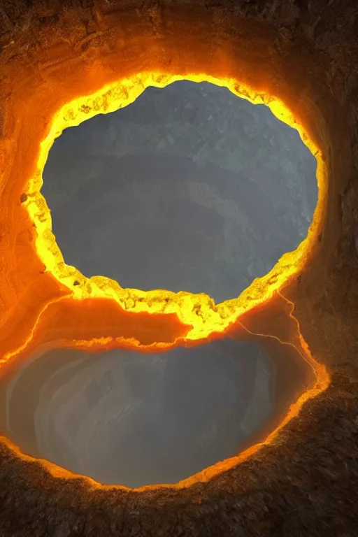 Image similar to looking down into a fissure in the earth, we see a fiery portal to another dimension, realistic, cinematic, dark colors, bright light