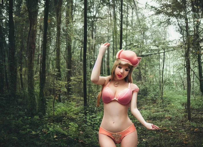 Prompt: intricate real life princess peach, tight push up bra, really large bust, forest, cinematic, aesthetics, full pov