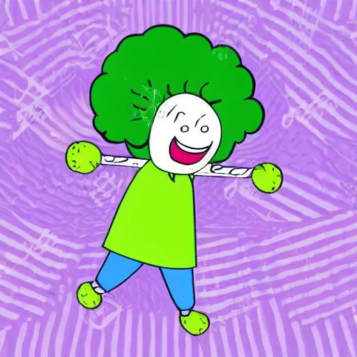 Prompt: dancing broccoli, he is very happy, smiling, children illustration, 2D