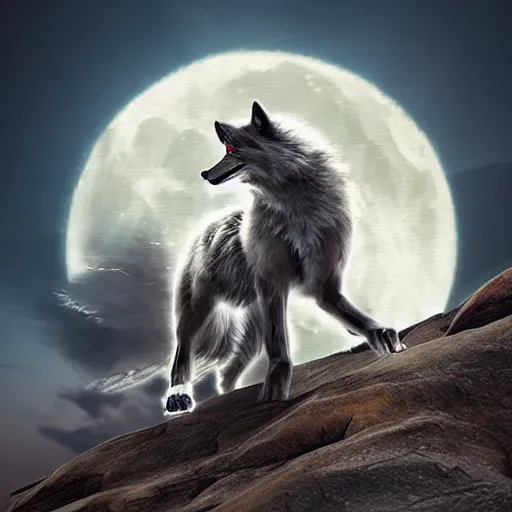 Prompt: “cyber wolf roaring at full moon, 8k, realistic”