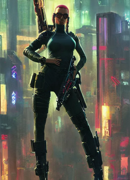 Prompt: Maria. mercenary in tactical gear infiltrating corporate mainframe. Afro. Cyberpunk 2077, blade runner 2049, matrix Concept art by James Gurney, greg rutkowski, and Alphonso Mucha. Stylized painting with Vivid color.