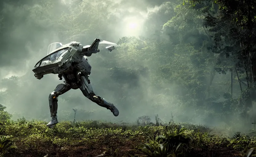 Image similar to photo of sci - fi fighter landing on jungle complex, ultra detailed, movie frame, cinematical composition, 4 k, breaking bad