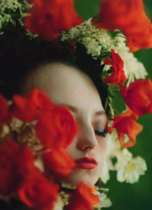 Image similar to extra close-up, color film photography, portrait of beautiful creature with flowers in heads, in style of nan goldin, 35mm, film photo