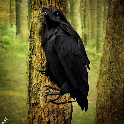 Image similar to ! werecreature that is a mix between human and crow, photograph captured in a forest