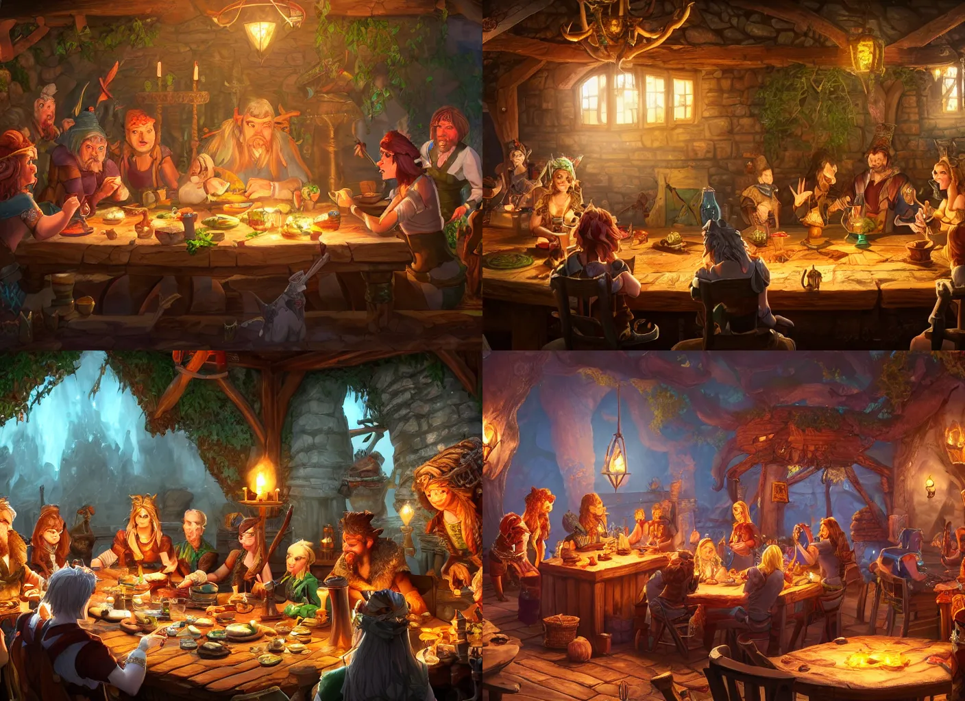 Prompt: an enchanted feywild tavern with people sitting at a long table, in front of a fireplace, dungeons and dragons, 4 k, highly detailed, vibrant colors, trending on cgsociety, muted lights, professionally lighted