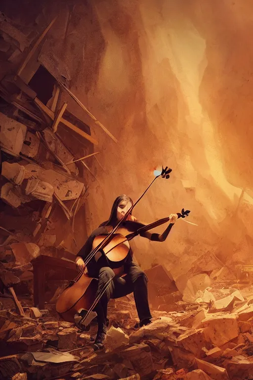 Prompt: a portrait of a cellist playing in the rubble of a fallen building, beautifully lit, slightly surreal, concept art, sharp focus, artstation