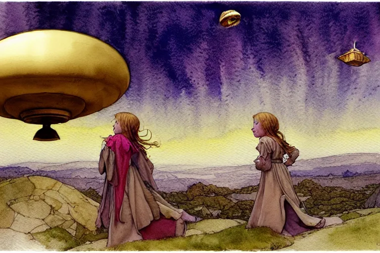 Image similar to a hyperrealist watercolor concept art of an elegant golden ufo in the sky abducting a medieval peasant child. very muted colors, by rebecca guay, michael kaluta, charles vess. high detail, hq, wide shot, 4 k