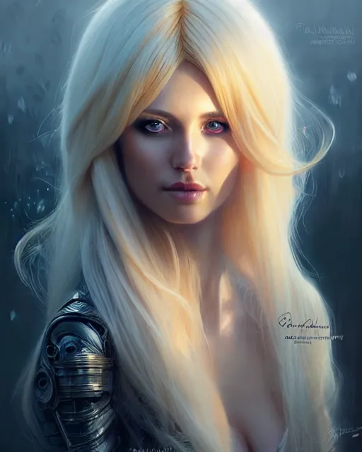 Image similar to paulina andreeva ( better than us ) portrait, blonde, straight hair wig, fantasy, intricate robotic designs, elegant, highly detailed, sharp focus, art by artgerm and greg rutkowski and wlop