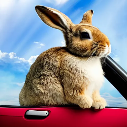 Image similar to bunny riding a convertible, studio photo, high quality