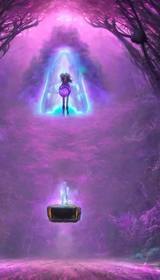 Image similar to a graffiti writer from the future on the middle of a purple forest looking to a sci fi ancient god holding a portal that's about to explode into a psychedelic realm, in the style of WLOP, oil painting, epic, fantasy, hyper detailed, smooth, Unreal Engine 5, sharp focus, ray tracing