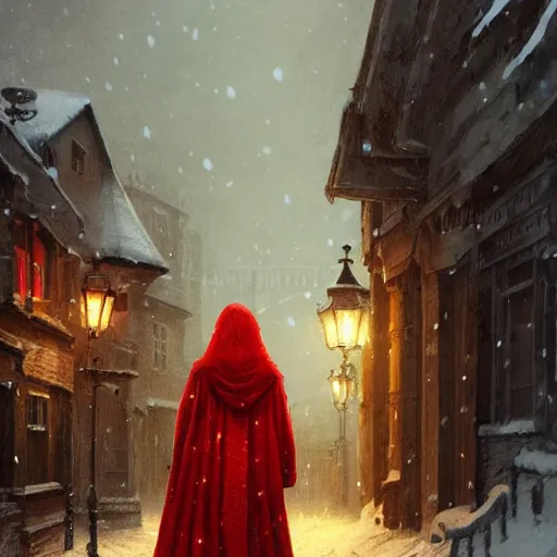 Image similar to girl in red cloak walks through snowy town by lamplight, detailed intricate ink illustration, dark atmosphere, detailed illustration, hd, 4k, digital art, overdetailed art, concept art, by greg rutkowski, by loish, complementing colors, Trending on artstation, deviantart