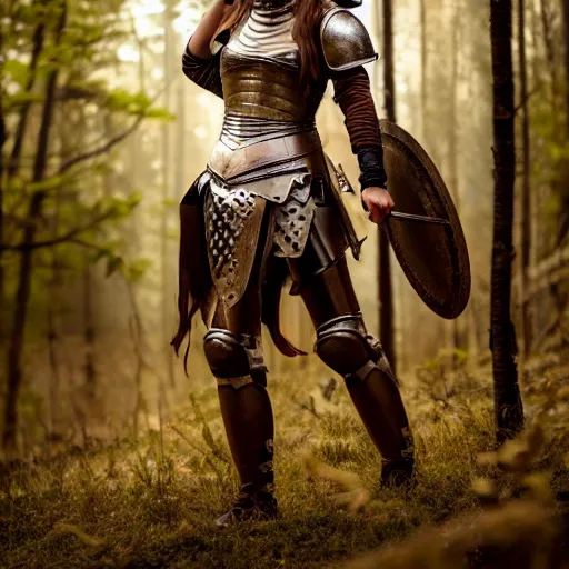 Prompt: real life photo of medieval warrior princess in armor, full body photoshoot, long brown hair, brown eyes, full round face, short smile, showing belly and chest, forest setting, cinematic lightning, medium shot, mid - shot, highly detailed, trending on artstation, unreal engine 4 k, 8 0 mm, 8 5 mm, cinematic wallpaper