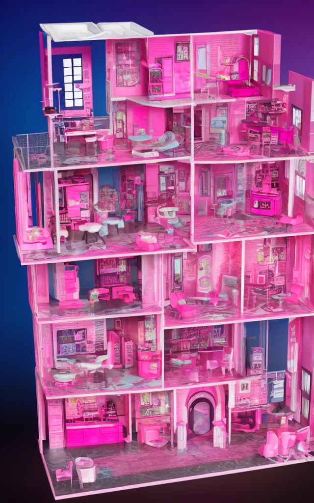 Prompt: a cute pink cyberpunk doll house, barbie house by mattel, octane rendered, led lighting, 4 k