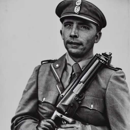 Image similar to A portrait of a man holding a mg42 machine gun in military attire. Black and white, grainy, hyper detailed.