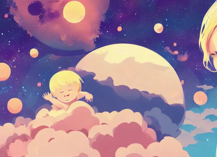 Image similar to a newborn baby with blonde hair floating in space. clean cel shaded vector art. shutterstock. behance hd by lois van baarle, artgerm, helen huang, by makoto shinkai and ilya kuvshinov, rossdraws, illustration, art by ilya kuvshinov