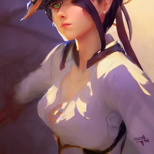 Image similar to greg manchess portrait painting of violet evergarden as overwatch character, totally whack, medium shot, asymmetrical, profile picture, organic painting, sunny day, matte painting, bold shapes, hard edges, street art, trending on artstation, by huang guangjian and gil elvgren and sachin teng