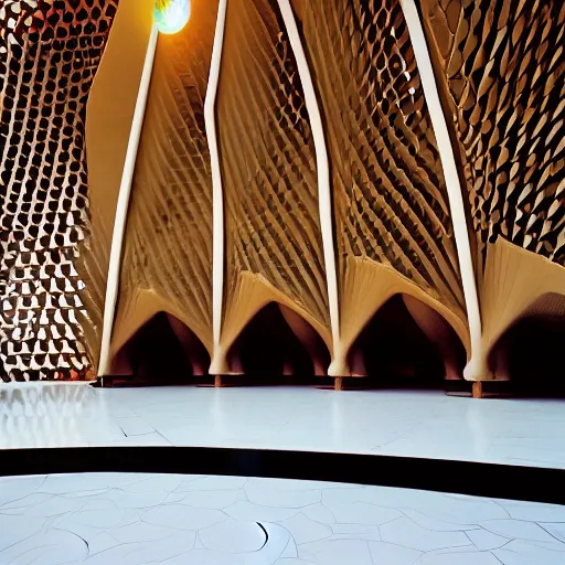 Prompt: entrance foyer of a futuristic lotus temple with gold, red and white marble panels, in the desert, by buckminster fuller and syd mead, intricate contemporary architecture, photo journalism, photography, cinematic, national geographic photoshoot