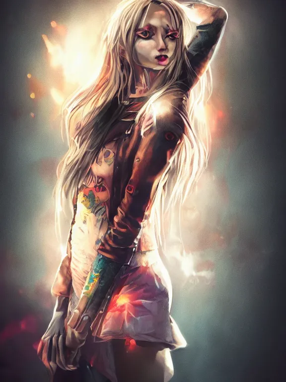 Image similar to digital illustration of a girl with eyes that burn like cigarettes wearing a short skirt and a long jacket with fingernails that shine like justice, dramatic lighting, photorealistic, extreme detail, 4 k, colorful, artgerm