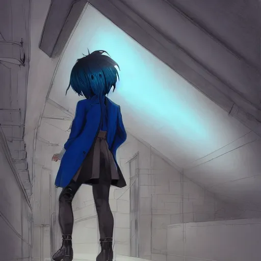 Image similar to low - angle shot from behind of a girl with light blue straight hair in a blue tailcoat, combat boots, noir, sharp focus, intricate, illustration, cell shaded, color block, digital painting, highly detailed, art by frank frazzeta, studio quality, makoto shinkai, james jean