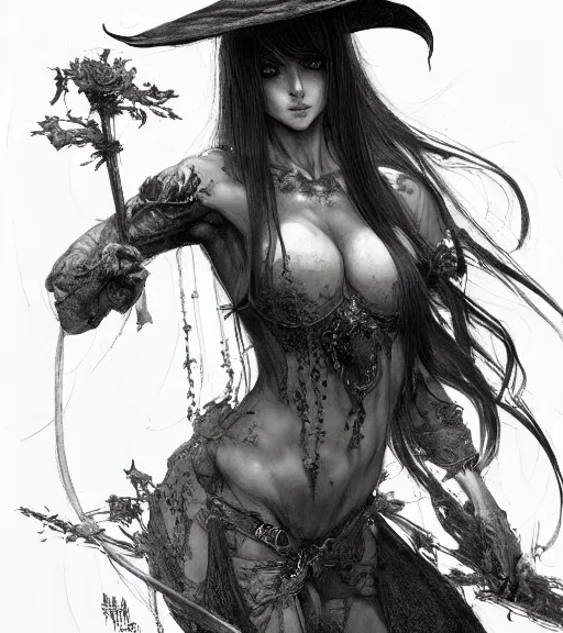 Prompt: portrait of anime succubus with long hair wearing a witch hat, perfect fit and strong body, pen and ink, intricate line drawings, by craig mullins, ruan jia, kentaro miura, greg rutkowski, loundraw, yoshitaka amano